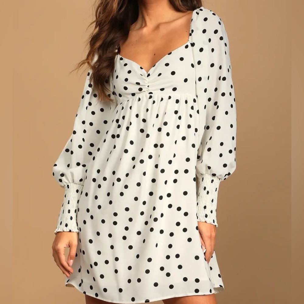 Lulu’s Meet Me At Our Spot White Polka Dot Long Sleeve Mini Dress